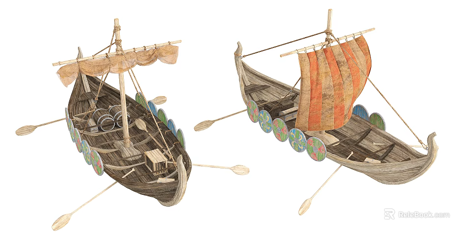 Two Ancient Wooden Boats With Orange Striped Sails Colorful Shields And Oars 3d model 