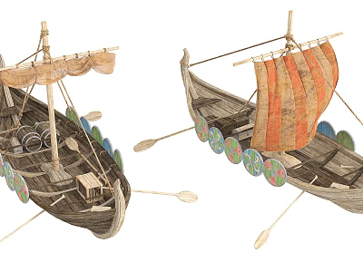 Two Ancient Wooden Boats With Orange Striped Sails Colorful Shields And Oars 3d model