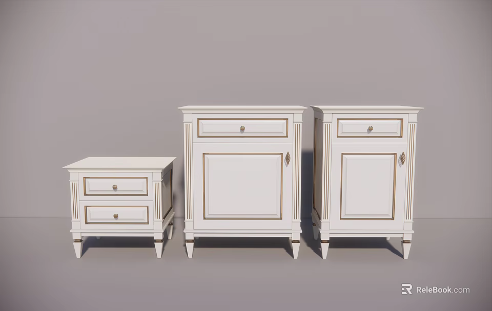 Classic White Bedside Tables Set With Drawers Cabinet Doors And Decorative Trim 3d model 
