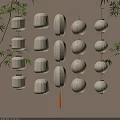 Traditional Oriental Hanging Lanterns Decor With Bamboo Leaves And Yellow Fabric
