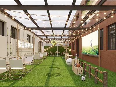 Outdoor Leisure Patio With Glass Ceiling String Lights Grass Lawn And Chairs 3d model