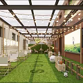 Outdoor Leisure Patio With Glass Ceiling String Lights Grass Lawn And Chairs