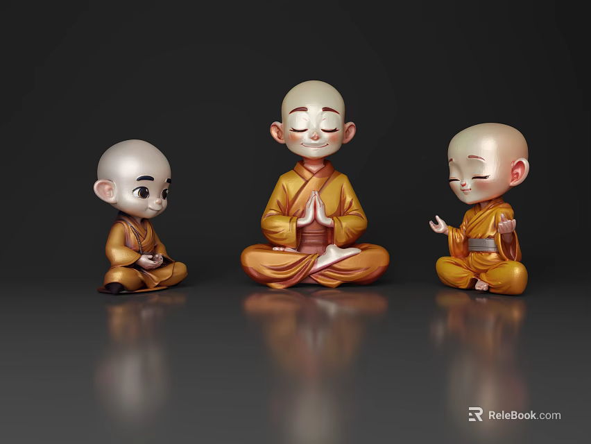 Three Young Buddhist Monks Wearing Yellow Robes Sitting in Different Meditative Poses With Serene Expressions 3d model 