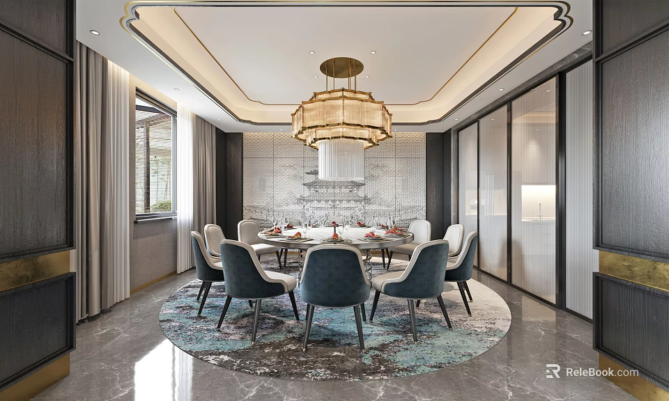 Elegant Private Dining Room Interior With Round Table Gray Chairs Chandelier And Patterned Rug 3d model