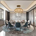 Elegant Private Dining Room Interior With Round Table Gray Chairs Chandelier And Patterned Rug 3d model