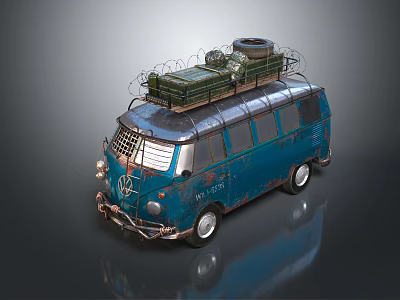 Blue Volkswagen Vintage Van With Roof Luggage Rack Mattress And Tire 3d model