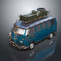 Blue Volkswagen Vintage Van With Roof Luggage Rack Mattress And Tire
