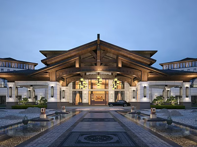 Traditional Chinese Architecture Entrance With Sloped Wooden Roof Symmetrical Design And Stone Path Pool 3d model