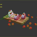 Fresh Strawberry Swiss Roll Sliced On Wooden Cutting Board With Berries And Star Decorations