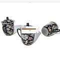 Elegant Black Tea Set With Hand Painted Floral Patterns And Secure Lids Design 3d model