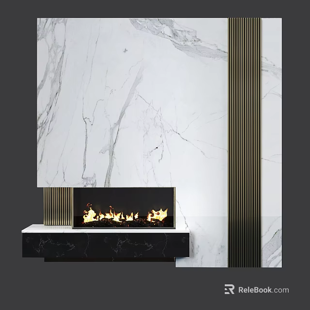 Modern TV Background Wall Design With White Marble And Metal Strips Featuring Fireplace Flames 3d model 