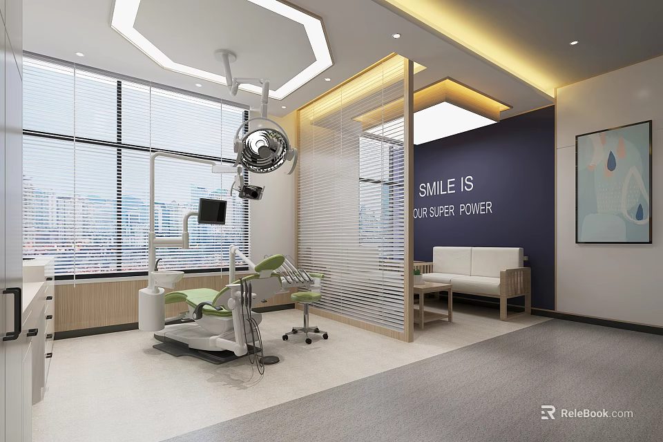 Modern Dental Clinic Interior With Dental Chair Medical Equipment Large Windows And Sofa 3d model 