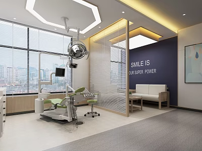 Modern Dental Clinic Interior With Dental Chair Medical Equipment Large Windows And Sofa 3d model