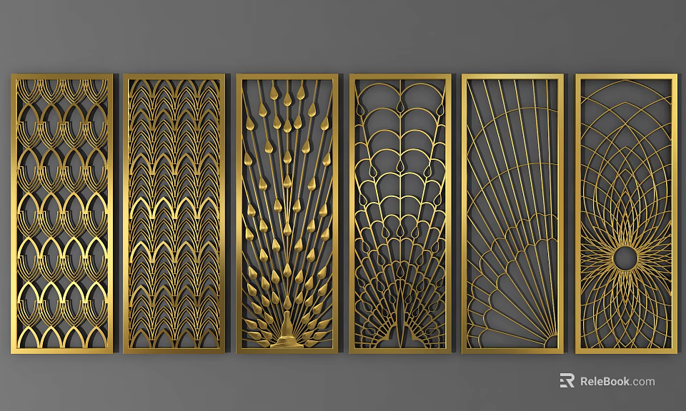 Multiple Golden Decorative Room Dividers With Intricate Hollow Carved Patterns 3d model 