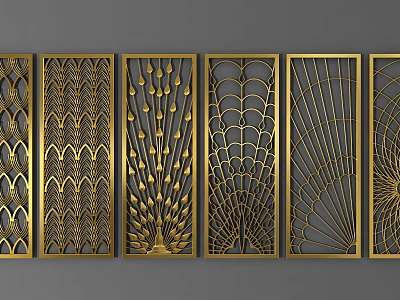 Multiple Golden Decorative Room Dividers With Intricate Hollow Carved Patterns 3d model