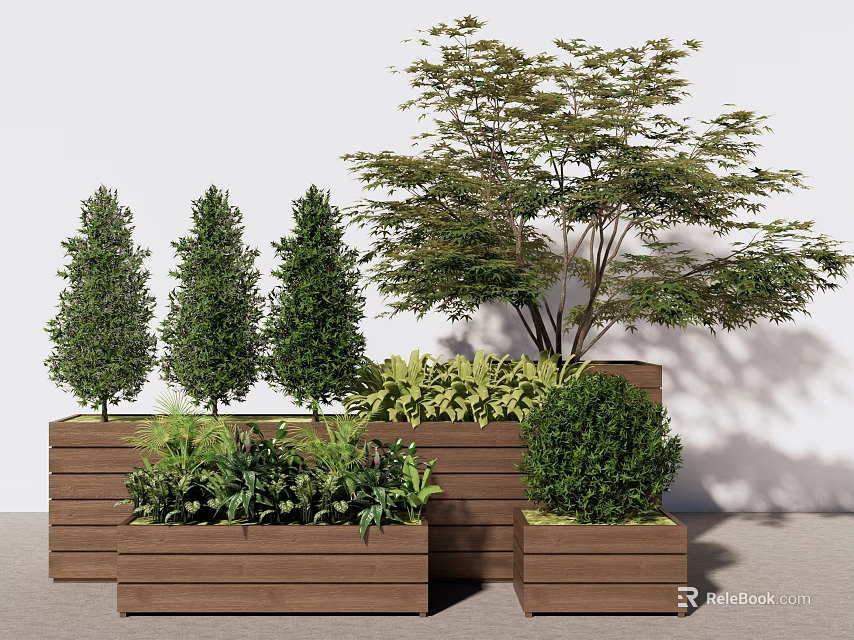 Wooden Flower Planters With Conical Trees Large Tree And Low Green Plants Arranged 3d model 