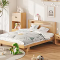 Wooden Kids Bed with Animal Leaf Print Bedding Wooden Nightstand Storage Cabinet and Wall Art