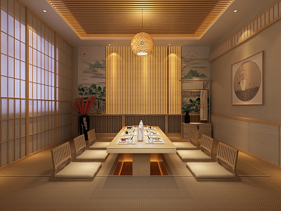 Japanese-style private room cuisine restaurant private room tatami wall background tableware 3d model