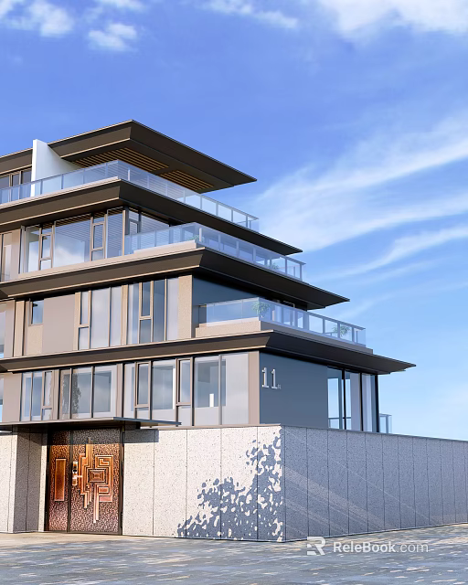 Modern Duplex Villa with Multi Storey Design Large Glass Windows Balconies and Glass Railings 3d model 