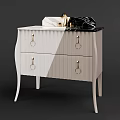 Elegant White Sink Vanity with Marble Countertop Drawers Ring Handles and Golden Faucets