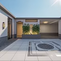 Traditional Courtyard Landscape With Red Roof White Building Paved Ground Lantern Lamps And Potted Plants