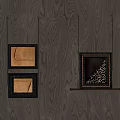 Abstract Paintings Hanging on Wooden Background Wall with Square Ornate Frames and Geometric Line Elements