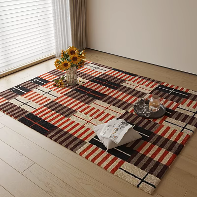 Square Striped Pattern Rug on Wooden Floor with Sunflower Bouquet Magazine Tray and Glass Items 3d model