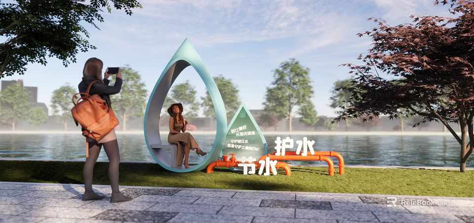 Water Conservation Theme Photo Check-in Spot With Water Drop Shape Bench And Waterside Trees 3d model 