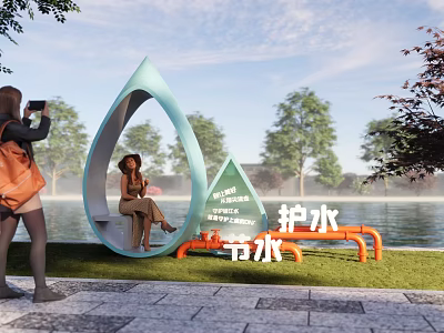 Water Conservation Theme Photo Check-in Spot With Water Drop Shape Bench And Waterside Trees 3d model