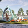 Water Conservation Theme Photo Check-in Spot With Water Drop Shape Bench And Waterside Trees