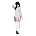 Woman With Black Hair Wearing White Short Sleeve Shirt Pink Plaid Skirt White Socks 3d model