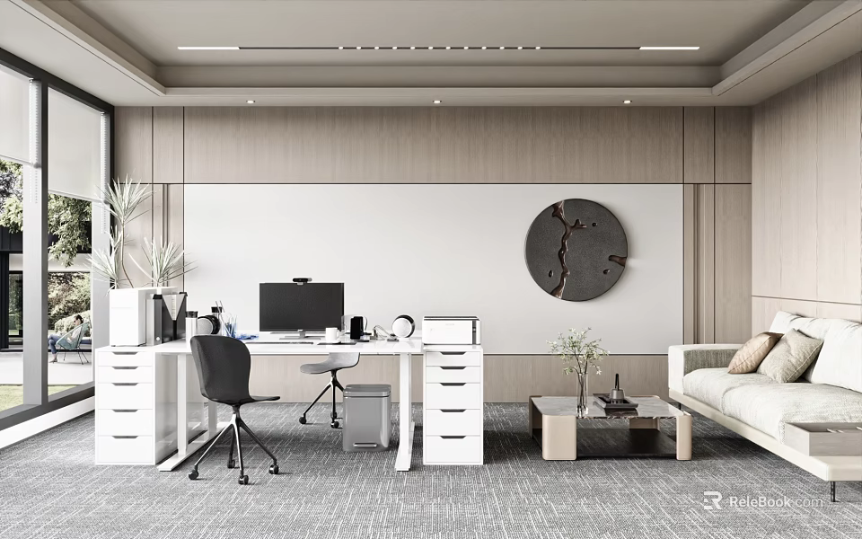 Modern Office Interior Design With White Desk Black Office Chair And Round Decorative Painting 3d model 