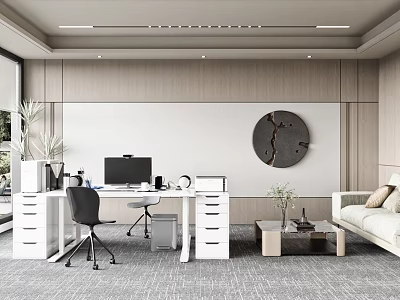 Modern Office Interior Design With White Desk Black Office Chair And Round Decorative Painting 3d model