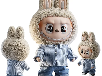 Plush Stuffed Doll with Rabbit Ears Fluffy Material Striped Shirt and Jeans in Three Sizes 3d model