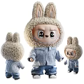Plush Stuffed Doll with Rabbit Ears Fluffy Material Striped Shirt and Jeans in Three Sizes
