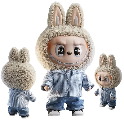 Plush Stuffed Doll with Rabbit Ears Fluffy Material Striped Shirt and Jeans in Three Sizes 3d model