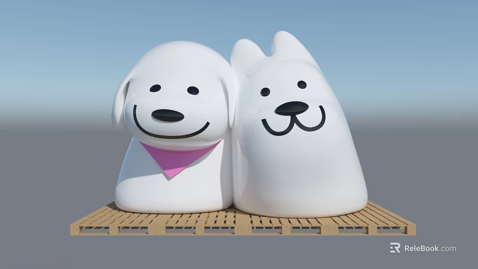 Inflatable Cartoon Dog Shapes With White Color And Pink Scarf On Wooden Pallet 3d model 