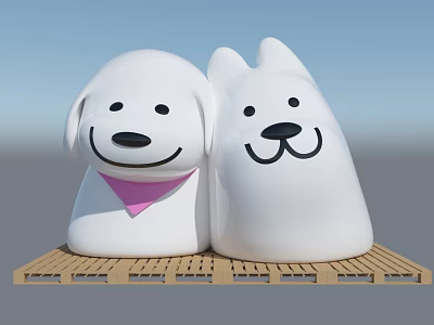 Inflatable Cartoon Dog Shapes With White Color And Pink Scarf On Wooden Pallet 3d model