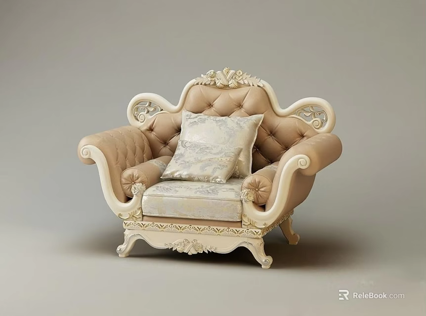 Elegant Carved Single Sofa With Ivory Frame And Patterned Cushion 3d model 