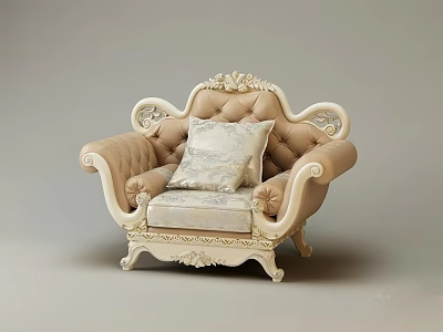 Elegant Carved Single Sofa With Ivory Frame And Patterned Cushion 3d model