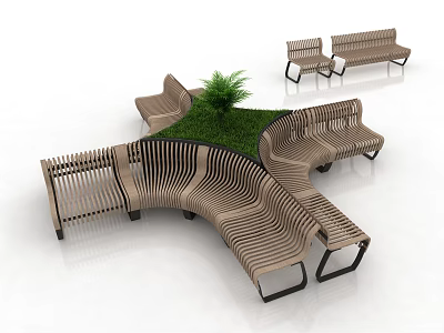 Modern Curved Wooden Outdoor Chair With Green Grass Center Plant And Surrounding Small Seats 3d model