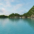 Scenic Garden Landscape on Island with Lush Green Trees and Blue Water Featuring White Yacht