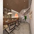 Modern Café Interior Design With Textured Wall Art Wooden Counter And Hanging Lights