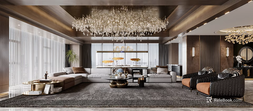 Modern Luxury Living Room Featuring Crystal Chandelier Large Sofa Coffee Table And Area Rug 3d model 