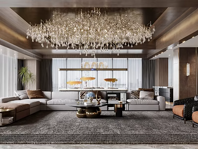 Modern Luxury Living Room Featuring Crystal Chandelier Large Sofa Coffee Table And Area Rug 3d model