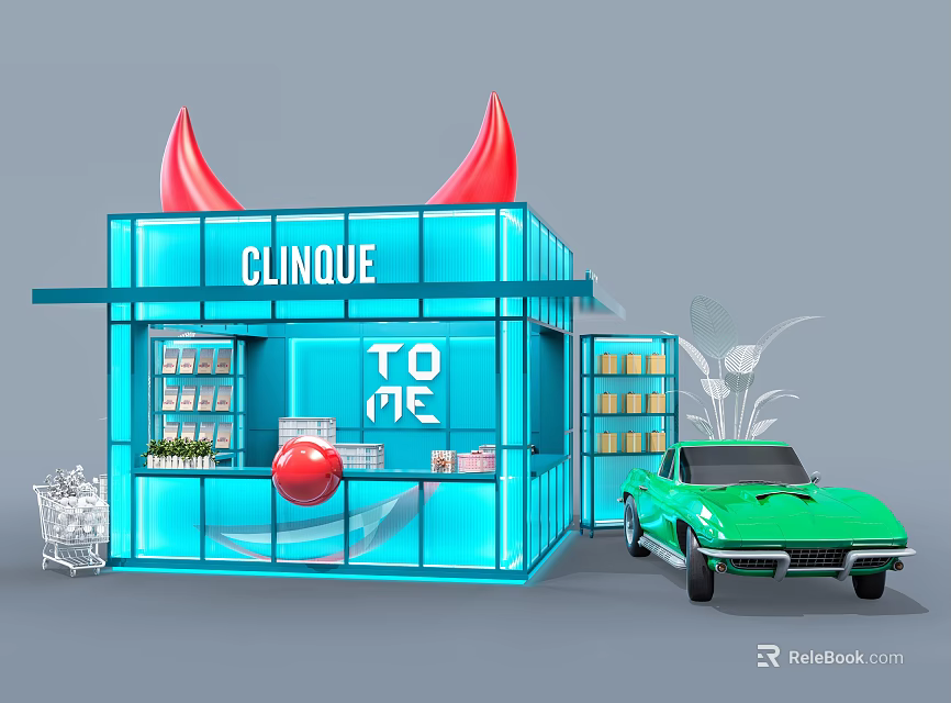 Fun Clinique Store Blue Building Red Horns Green Vintage Car Shopping Cart And Flowers 3d model 