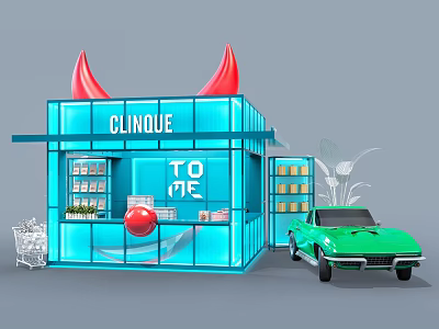 Fun Clinique Store Blue Building Red Horns Green Vintage Car Shopping Cart And Flowers 3d model