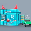 Fun Clinique Store Blue Building Red Horns Green Vintage Car Shopping Cart And Flowers