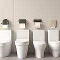 Four White Toilets with Various Colored Toilet Paper Holders Displayed on Light Beige Wall