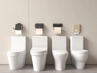 Four White Toilets with Various Colored Toilet Paper Holders Displayed on Light Beige Wall 3d model